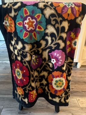 Black Floral Chenille Throw Blanket with Bright Multicolor Flower - Vera Bradley